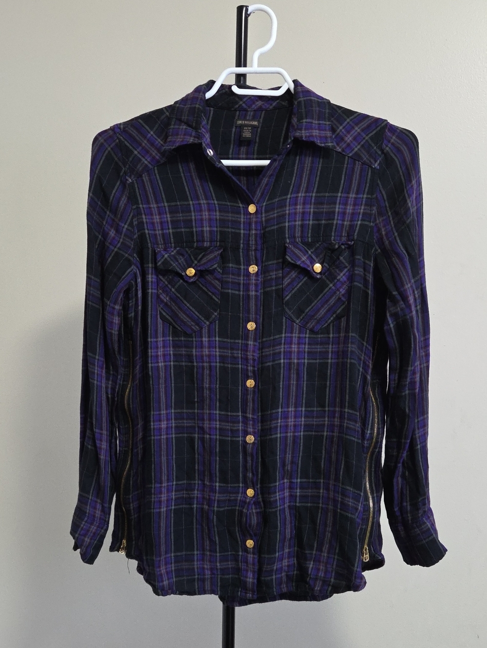 True Religion Black and Purple Plaid Button-Up Shirt with Gold Buttons